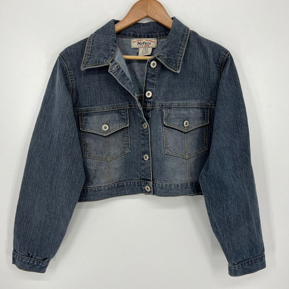 NoFuze Womens Plus 2X Cropped Denim Jacket Medium Wash Stretch Button Up Y2K